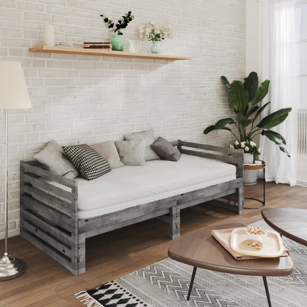 Uttrekkbar dagseng grå heltre furu 2x(90x200) cm