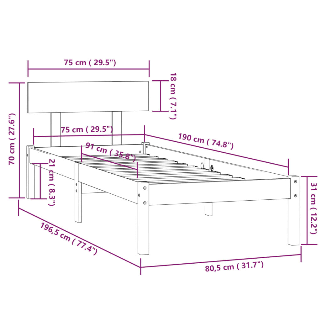 Sengeramme hvit heltre 75x190 cm Small Single