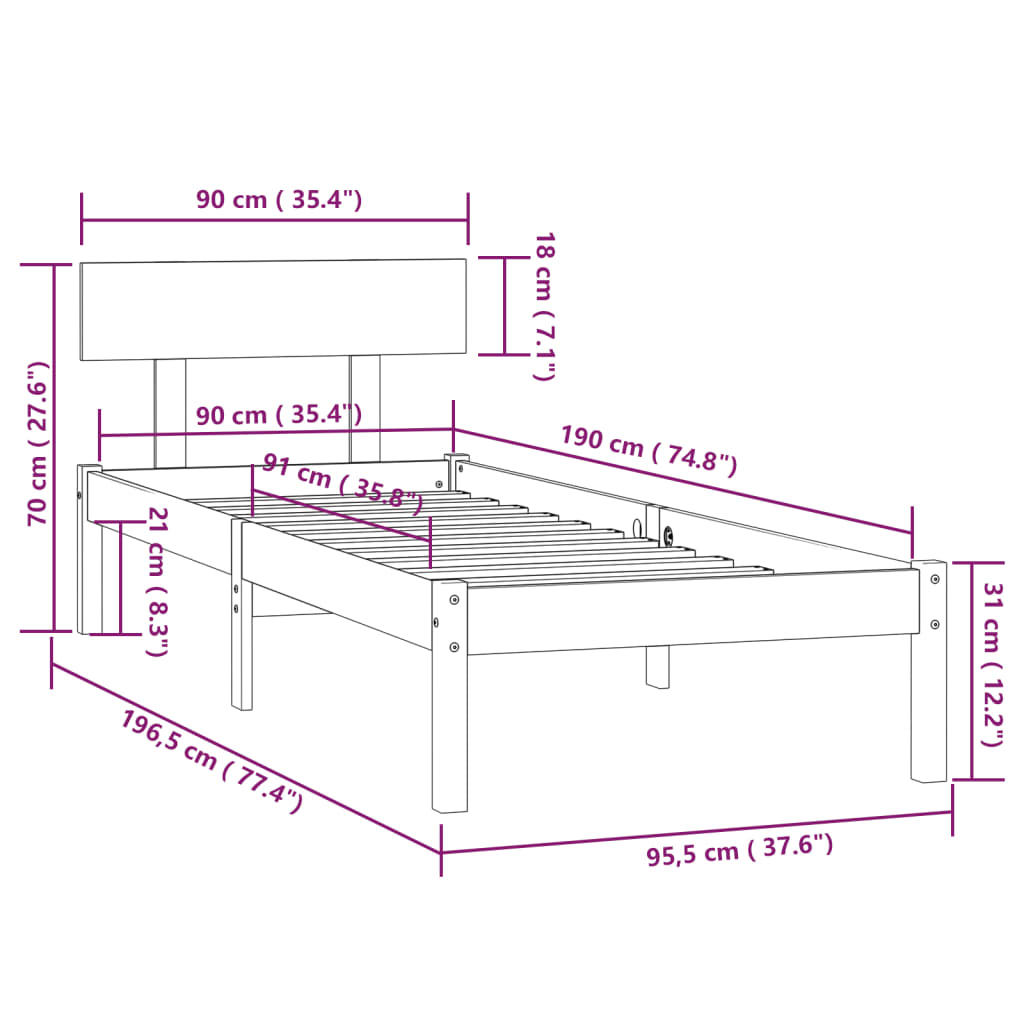 Sengeramme hvit heltre furu 90x190 cm Single