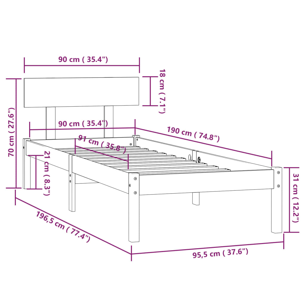 Sengeramme honningbrun heltre furu 90x190 cm Single