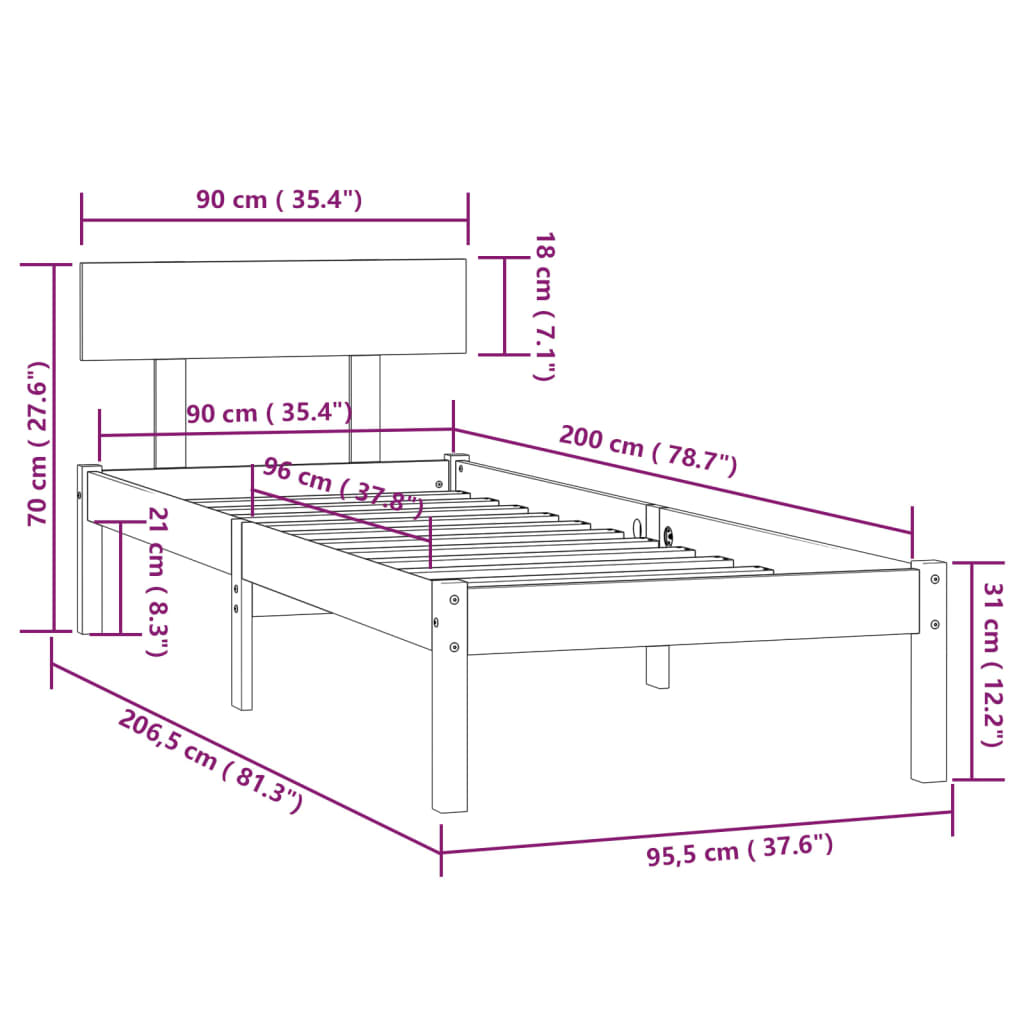 Sengeramme svart heltre furu 90x200 cm