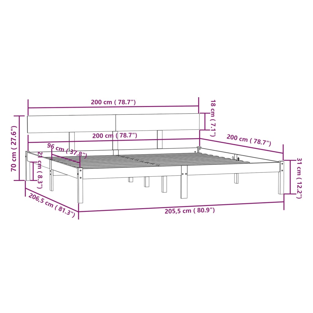 Sengeramme hvit heltre furu 200x200 cm