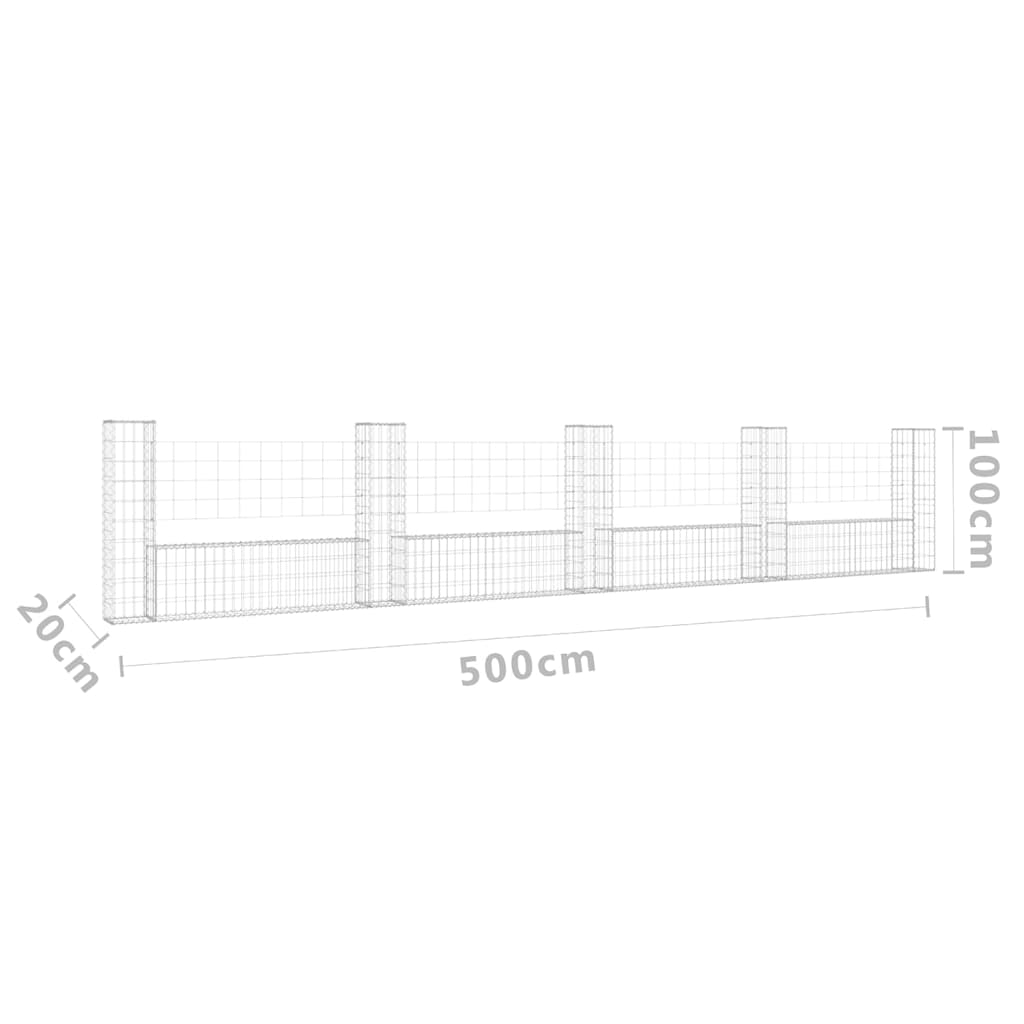 Gabionkurv u-formet med 5 stolper jern 500x20x100 cm