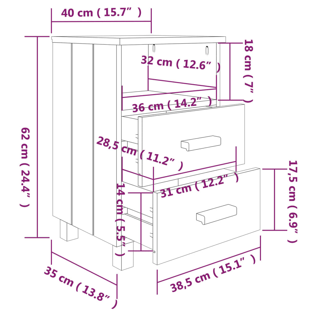 Nattbord HAMAR 2 stk honningbrun 40x35x62 cm heltre