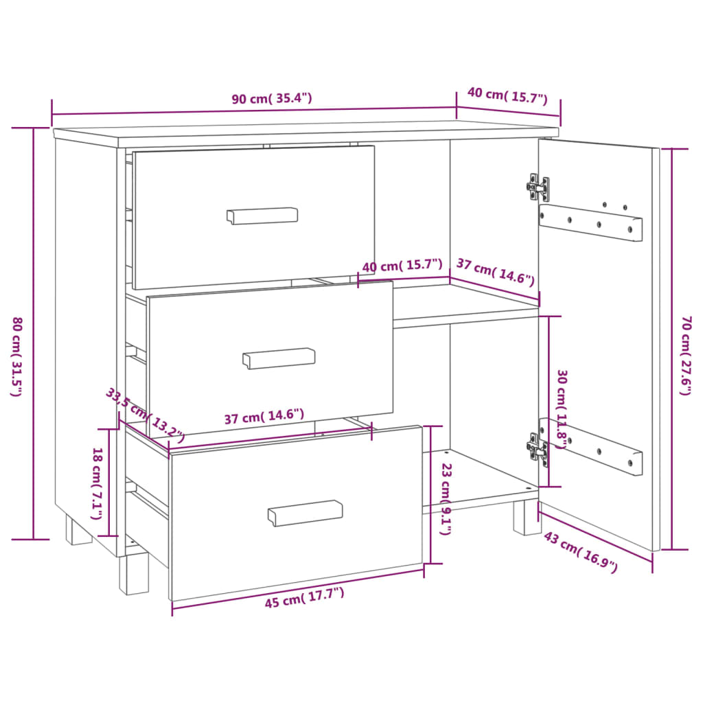 Skjenk HAMAR hvit 90x40x80 cm heltre furu