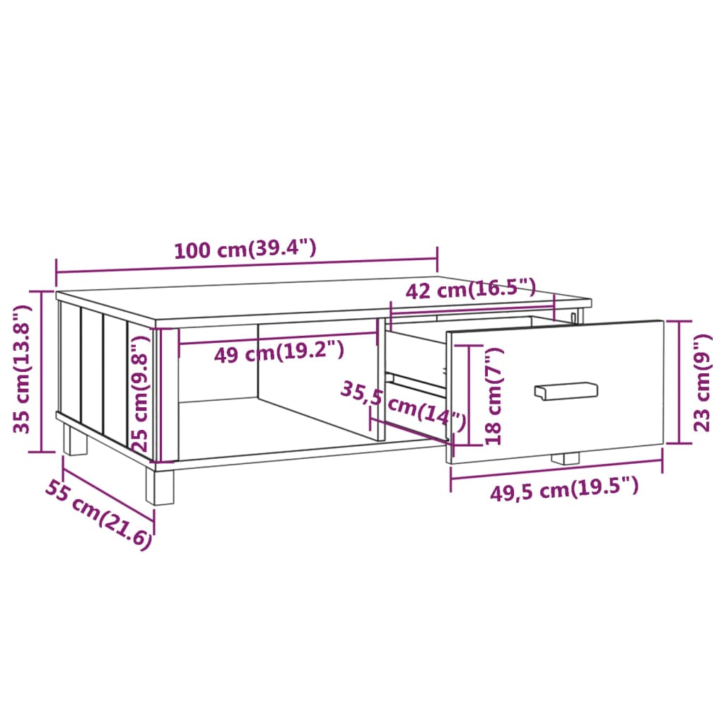 Salongbord HAMAR honningbrun 100x55x35 cm heltre furu