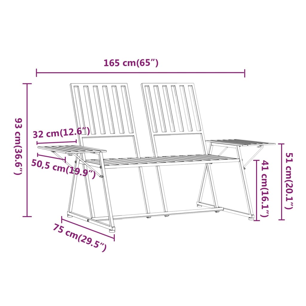 Hagebenk 2 seter 165 cm svart stål