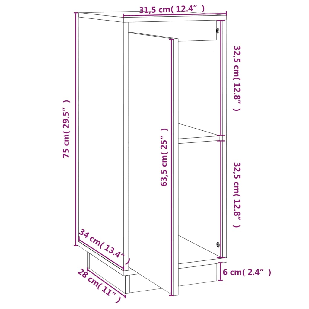 Skjenk hvit 31,5x34x75 cm heltre furu