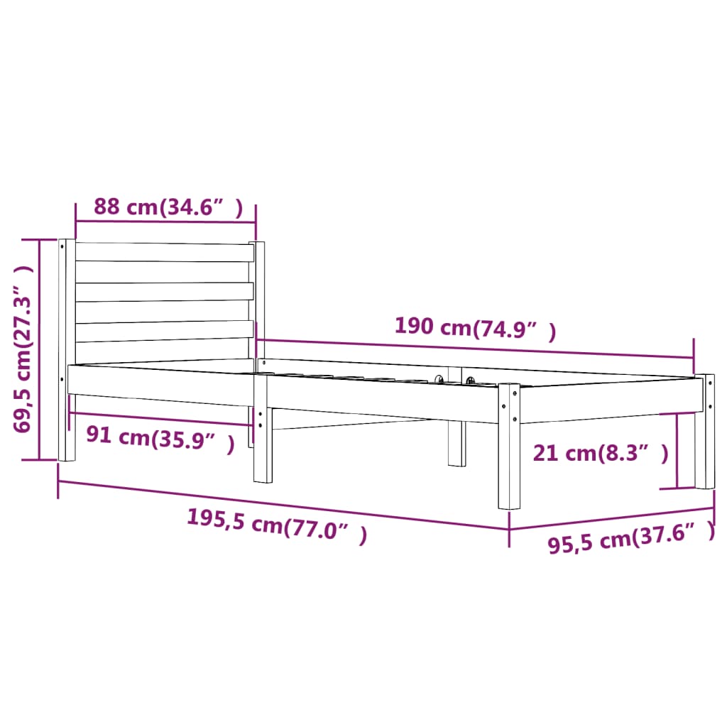 Sengeramme heltre furu 90x190 cm hvit Single