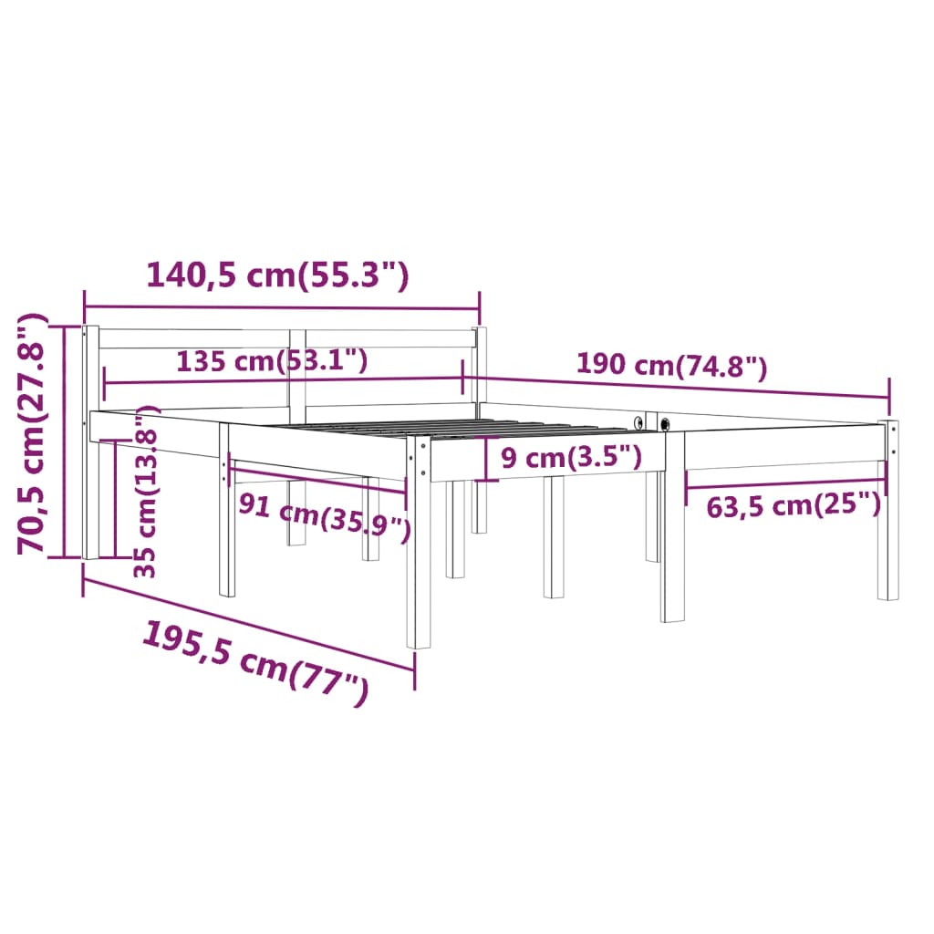 Sengeramme hvit 135x190 cm heltre furu