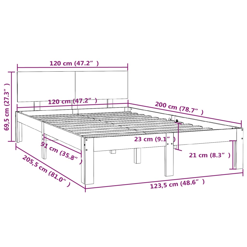 Sengeramme hvit heltre furu 120x200 cm