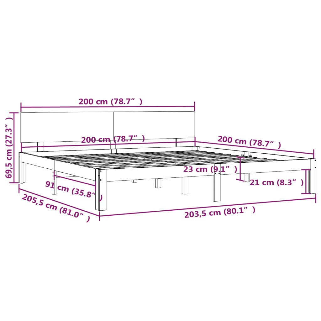 Sengeramme hvit heltre furu 200x200 cm