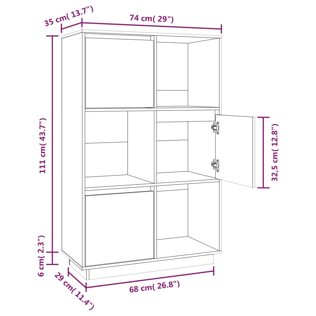 Highboard svart 74x35x117 cm heltre furu