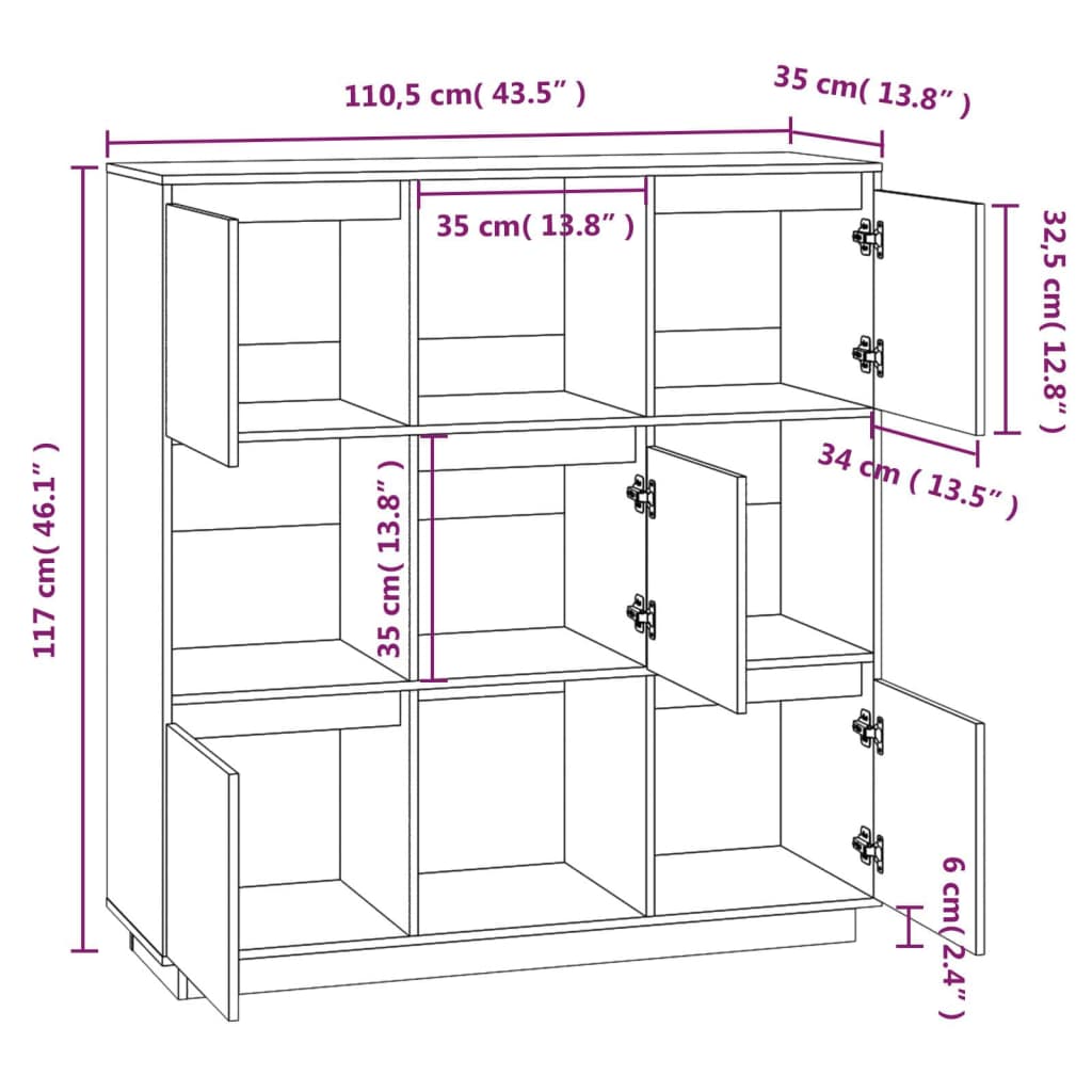 Highboard honningbrun 110,5x35x117 cm heltre furu