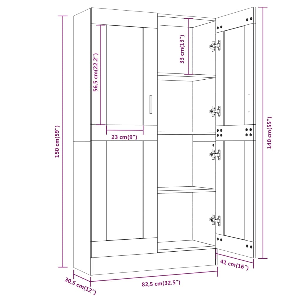 Vitrineskap grå sonoma 82,5x30,5x150 cm konstruert tre