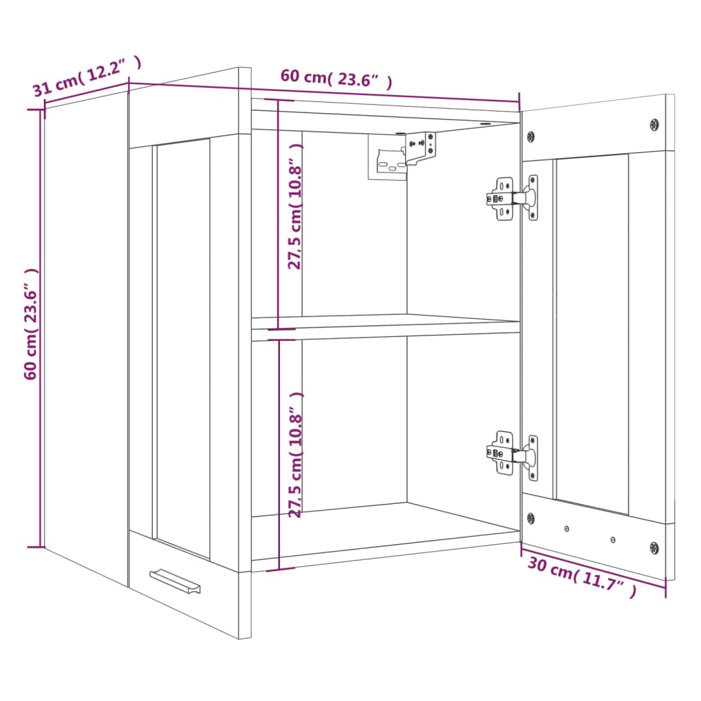 Vegghengt glasskap brun eik 60x31x60 cm konstruert tre