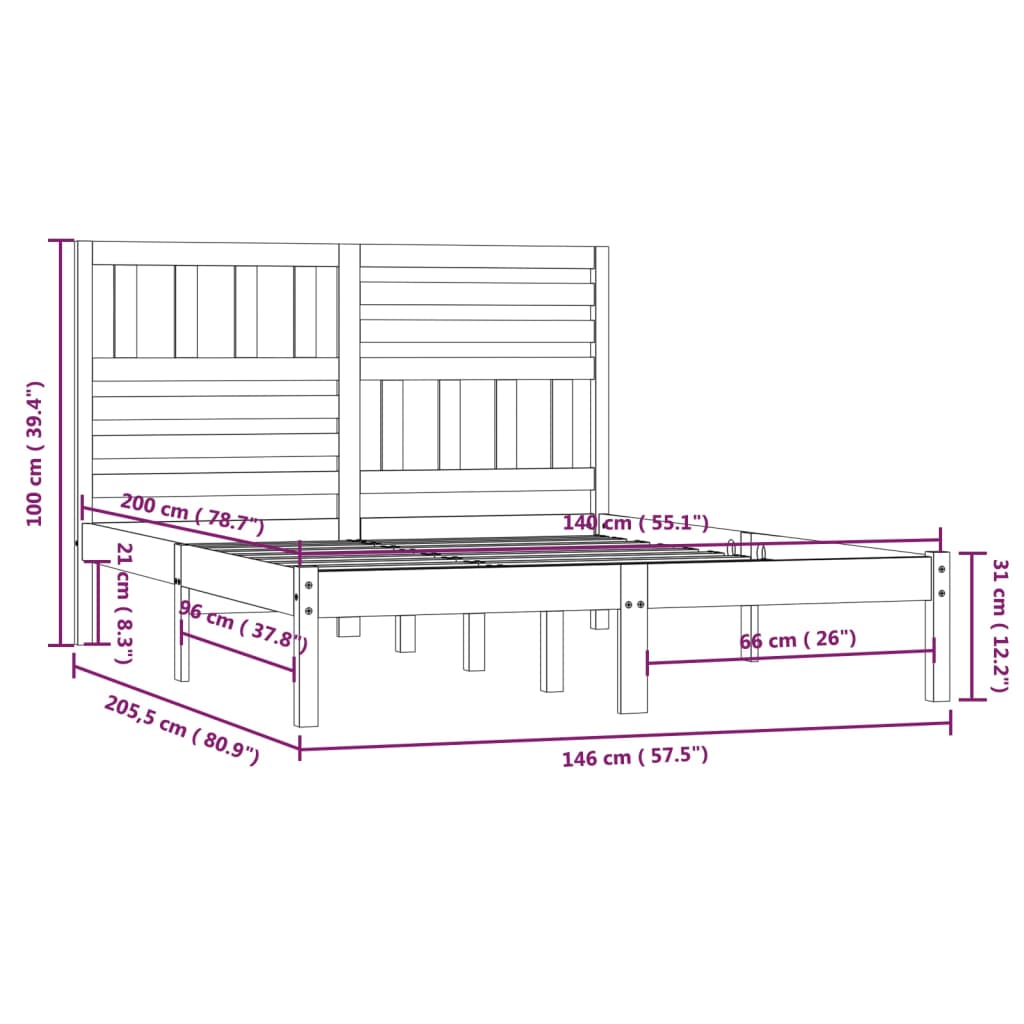 Sengeramme hvit heltre furu 140x200 cm