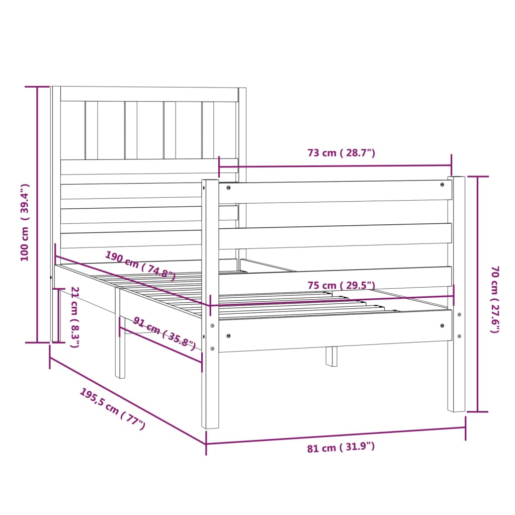 Sengeramme 75x190 cm Small Single heltre