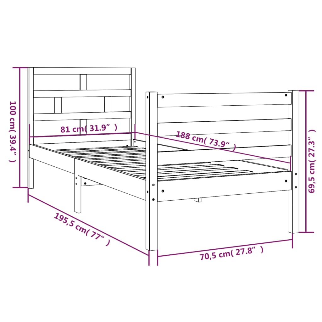 Sengeramme 75x190 cm Small Single heltre