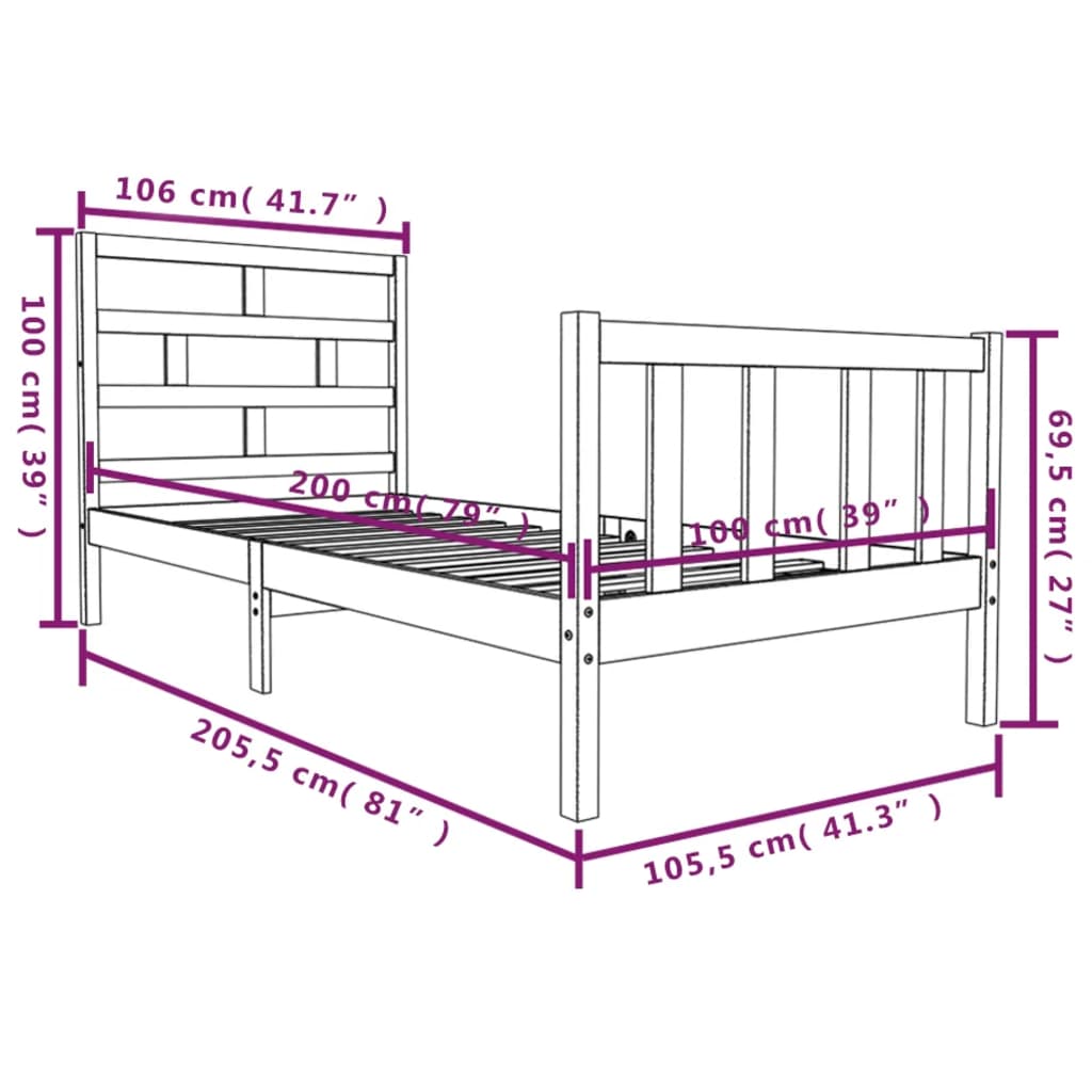 Sengeramme svart heltre furu 100x200 cm