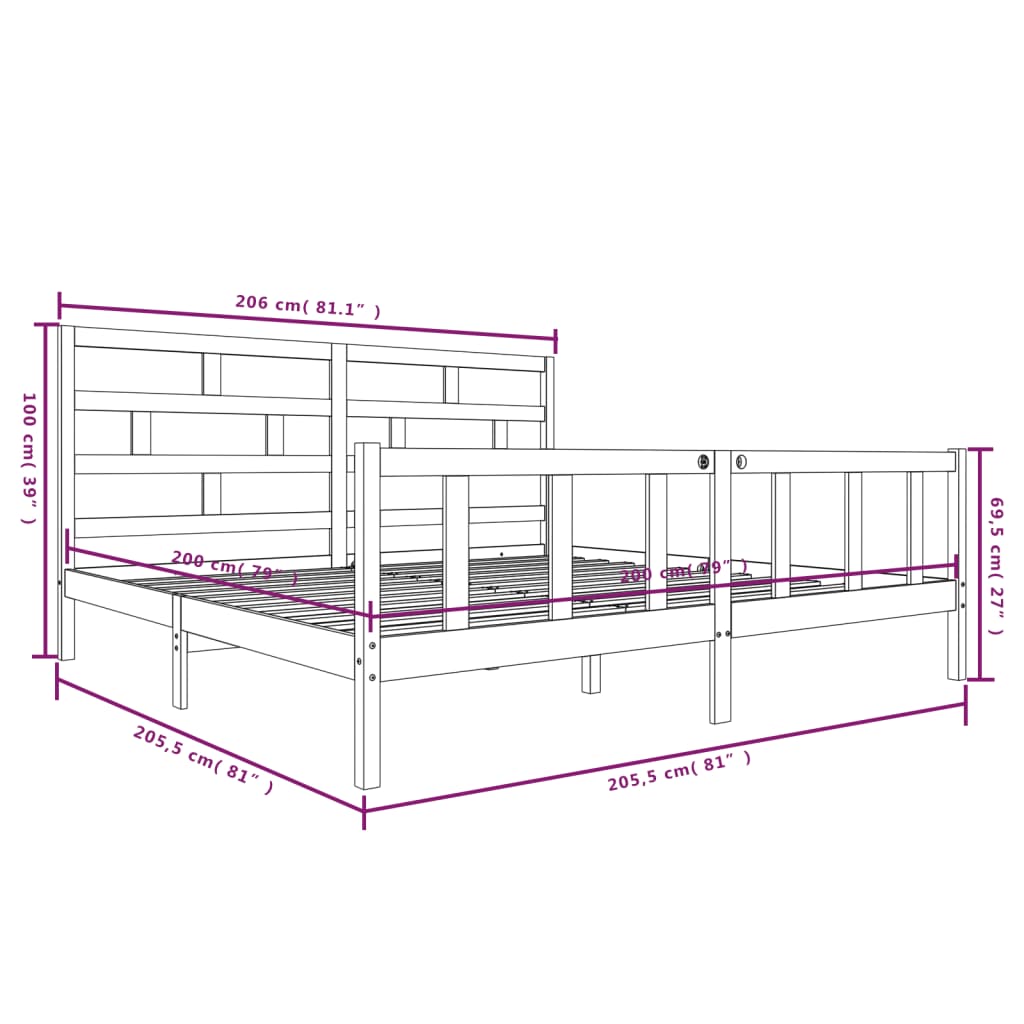Sengeramme hvit heltre furu 200x200 cm