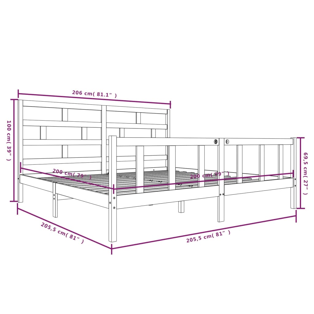 Sengeramme svart heltre furu 200x200 cm