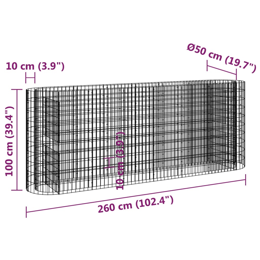 Gabion høybed galvanisert jern 260x50x100 cm