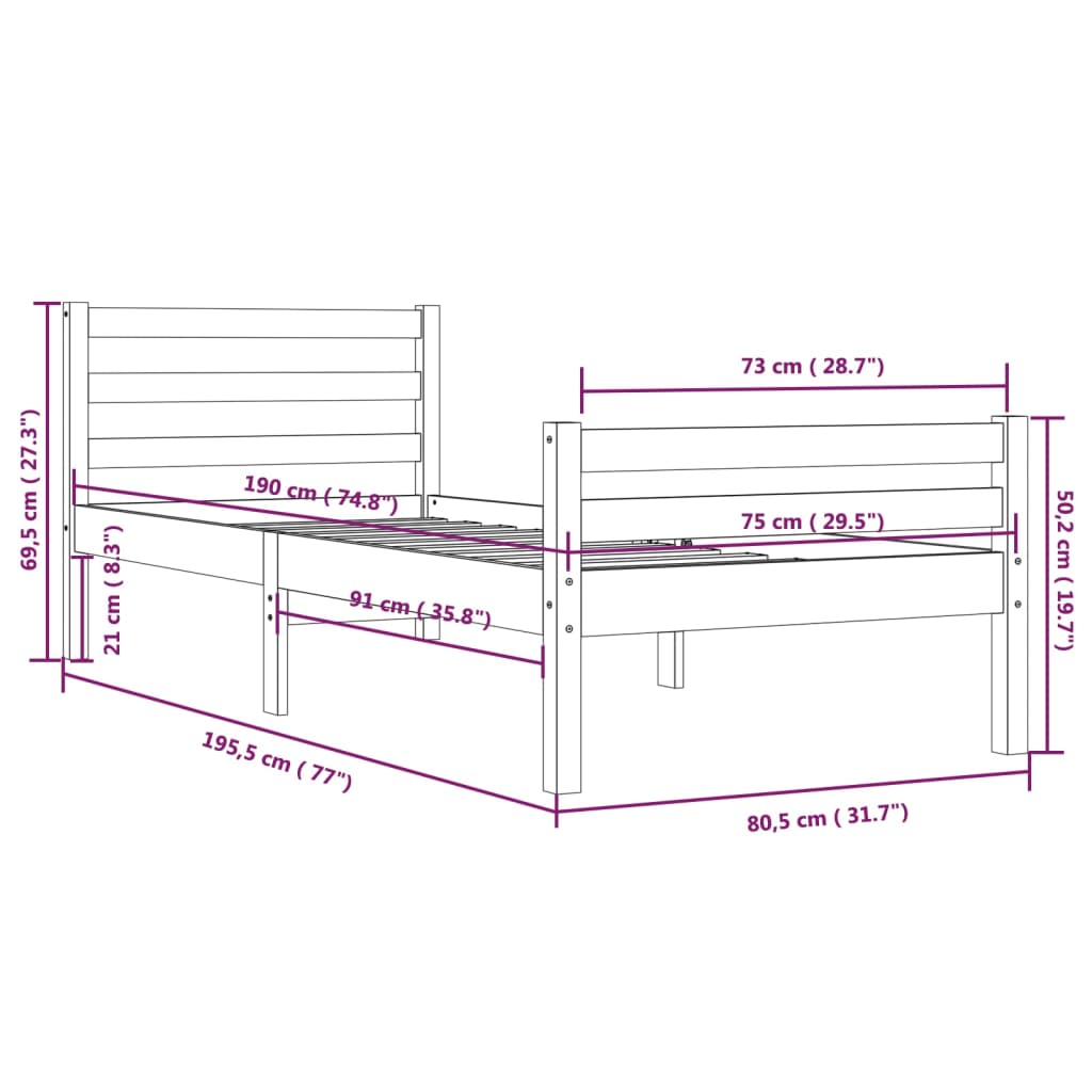 Sengeramme honningbrun heltre 75x190 cm Small Single