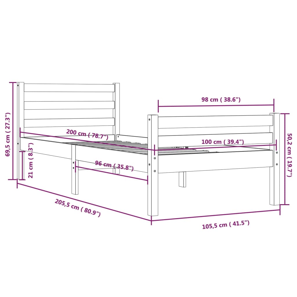 Sengeramme hvit heltre 100x200 cm
