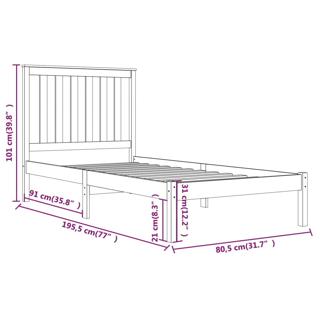 Sengeramme hvit heltre furu 75x190 cm Small Single