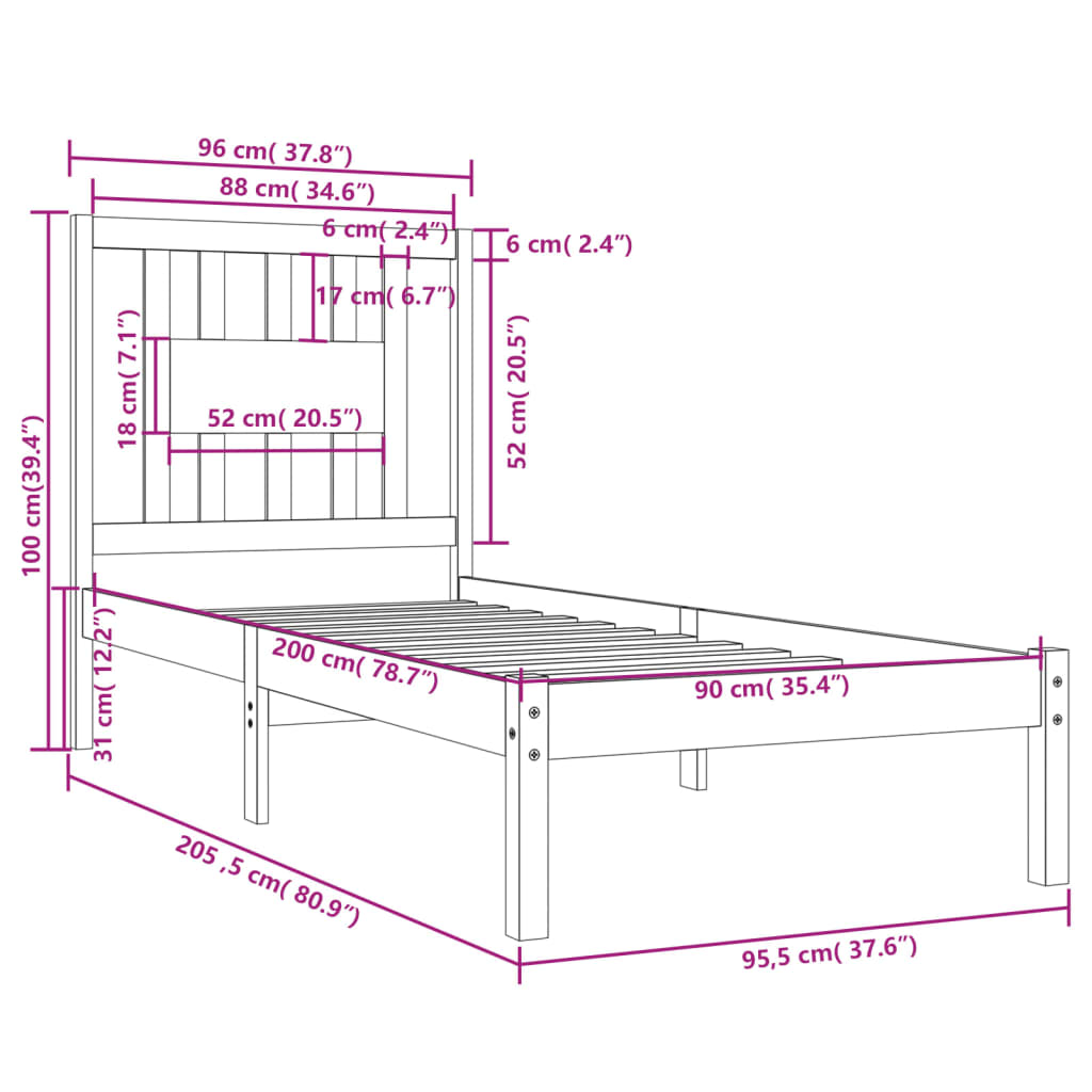Sengeramme hvit heltre furu 90x200 cm