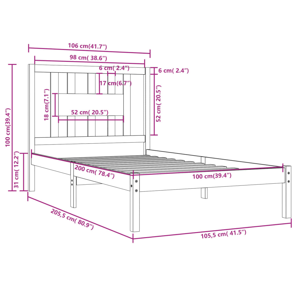 Sengeramme svart heltre furu 100x200 cm