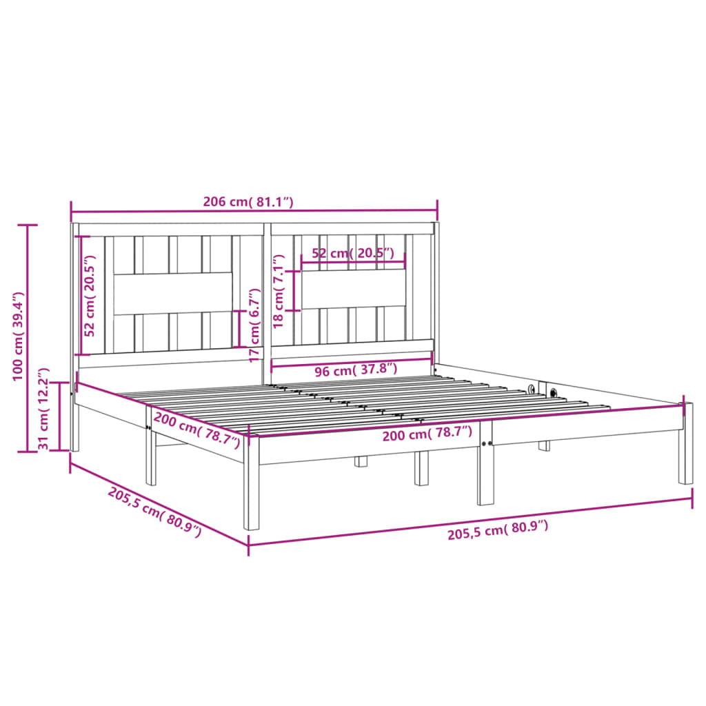 Sengeramme hvit heltre furu 200x200 cm