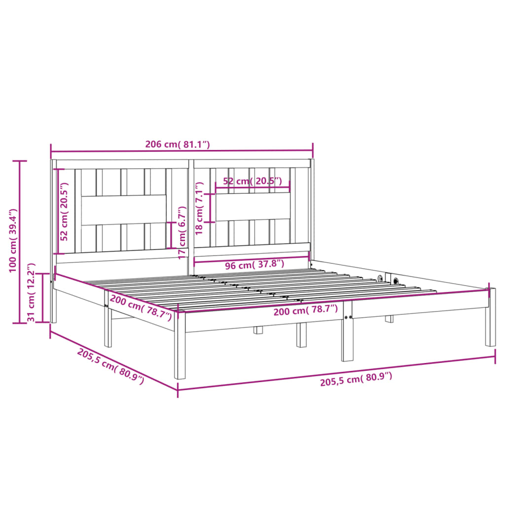 Sengeramme svart heltre furu 200x200 cm