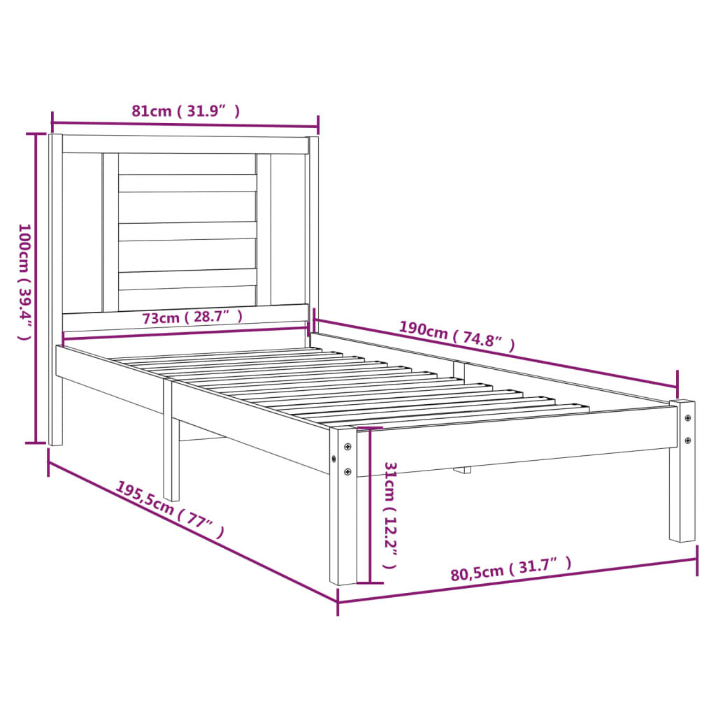 Sengeramme hvit heltre 75x190 cm Small Single