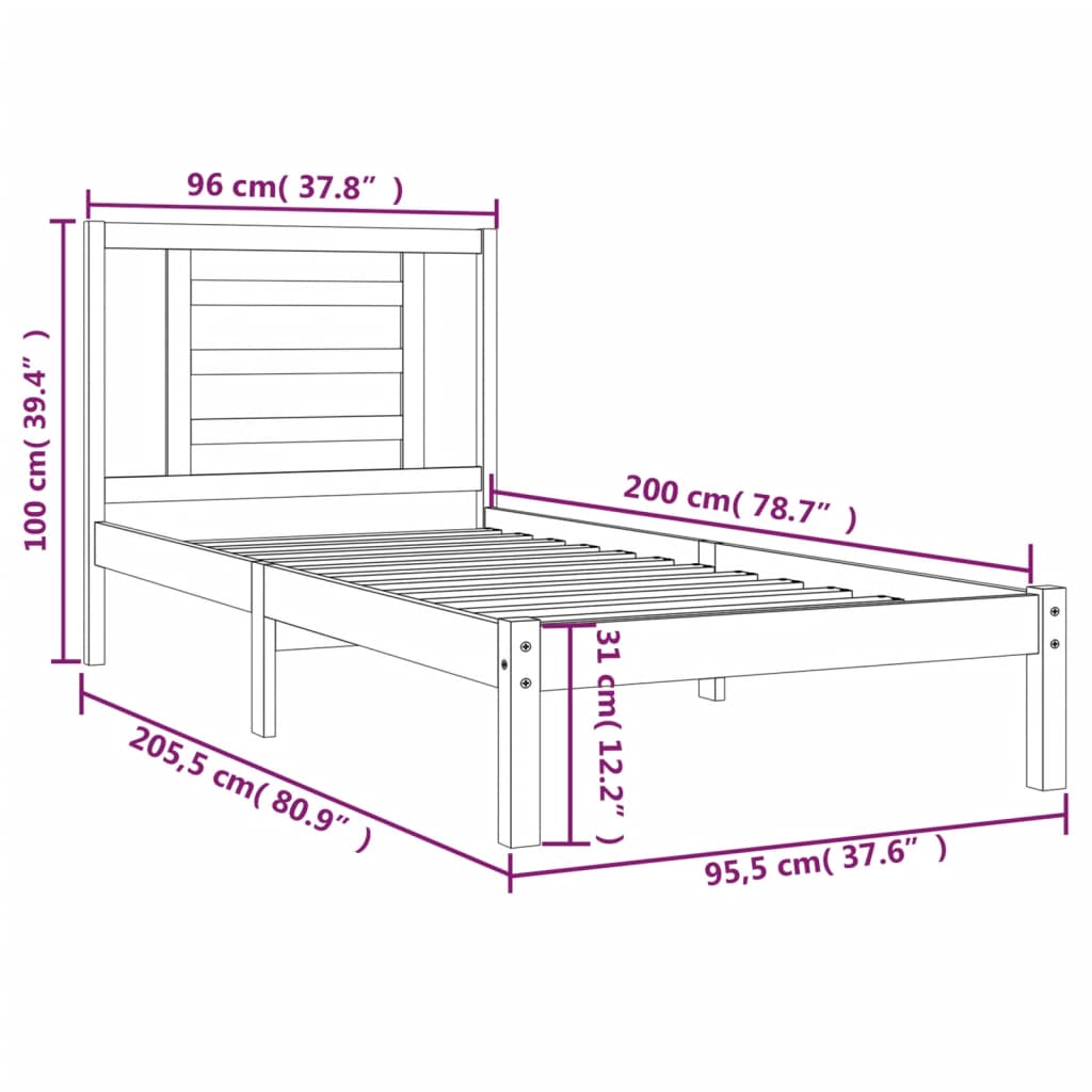 Sengeramme uten madrass hvit 90x200 cm heltre furu