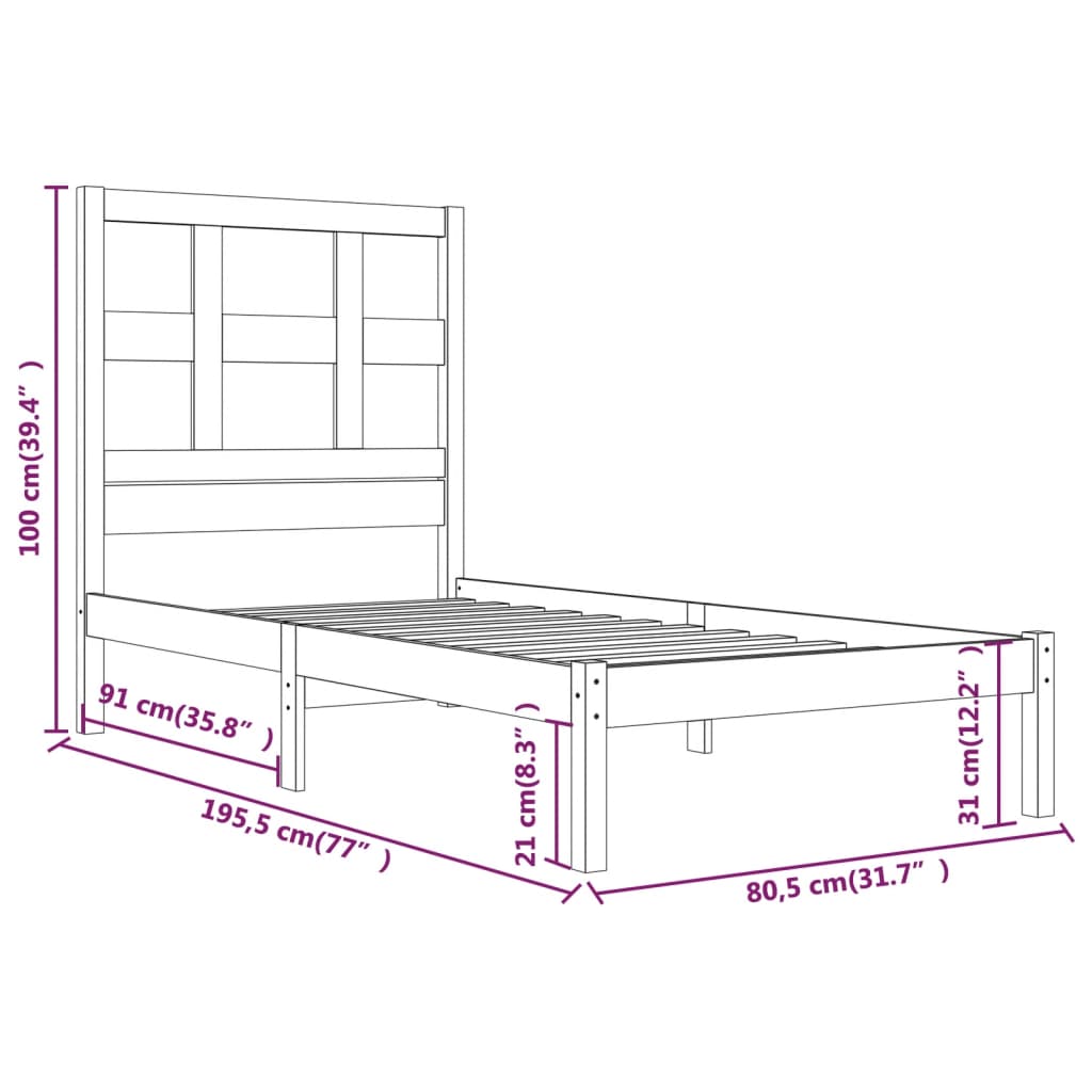 Sengeramme uten madrass hvit 75x190 cm heltre furu