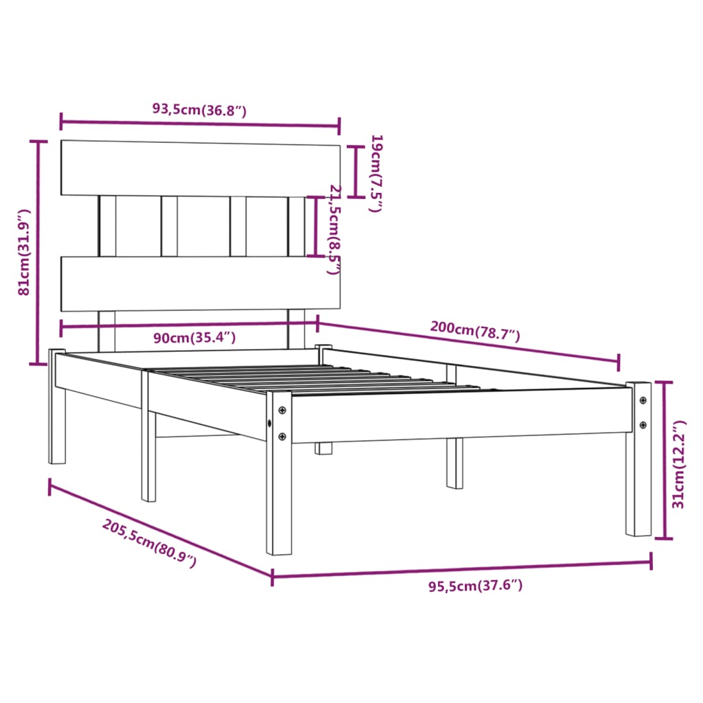 Sengeramme hvit heltre 90x200 cm