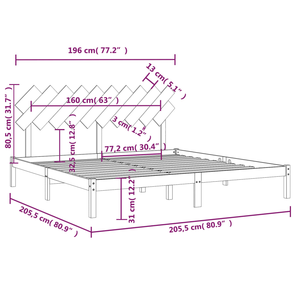 Sengeramme hvit 200x200 cm heltre