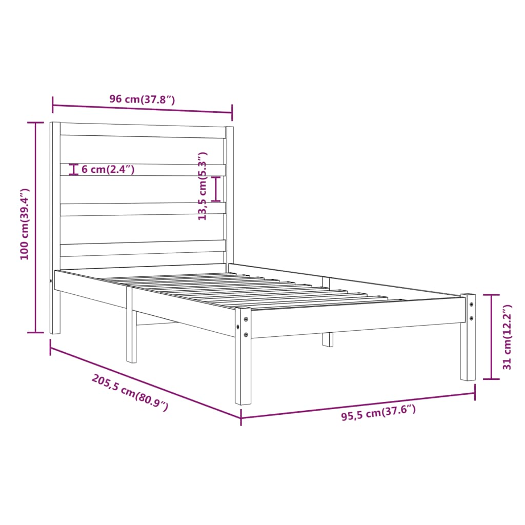 Sengeramme uten madrass hvit 90x200 cm heltre furu