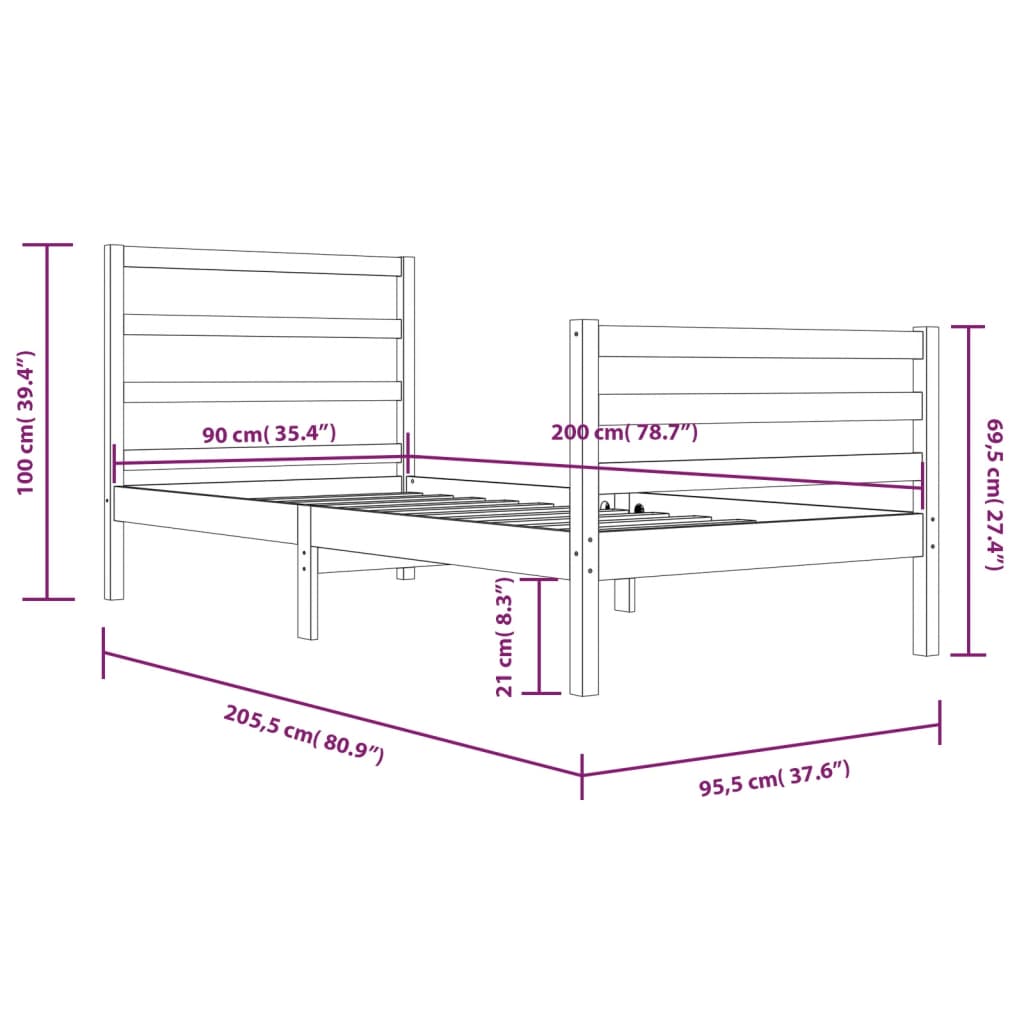 Sengeramme hvit heltre 90x200 cm
