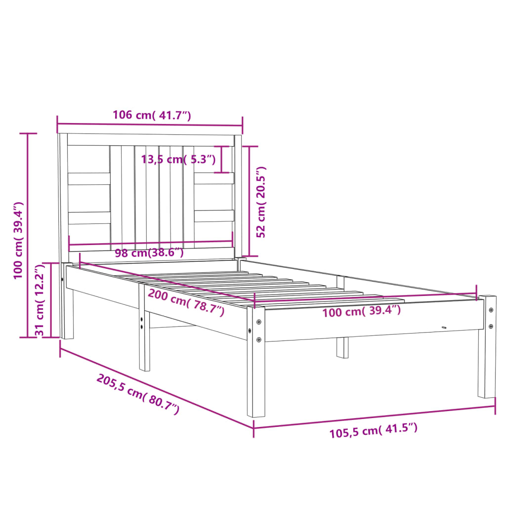 Sengeramme honningbrun heltre 100x200 cm
