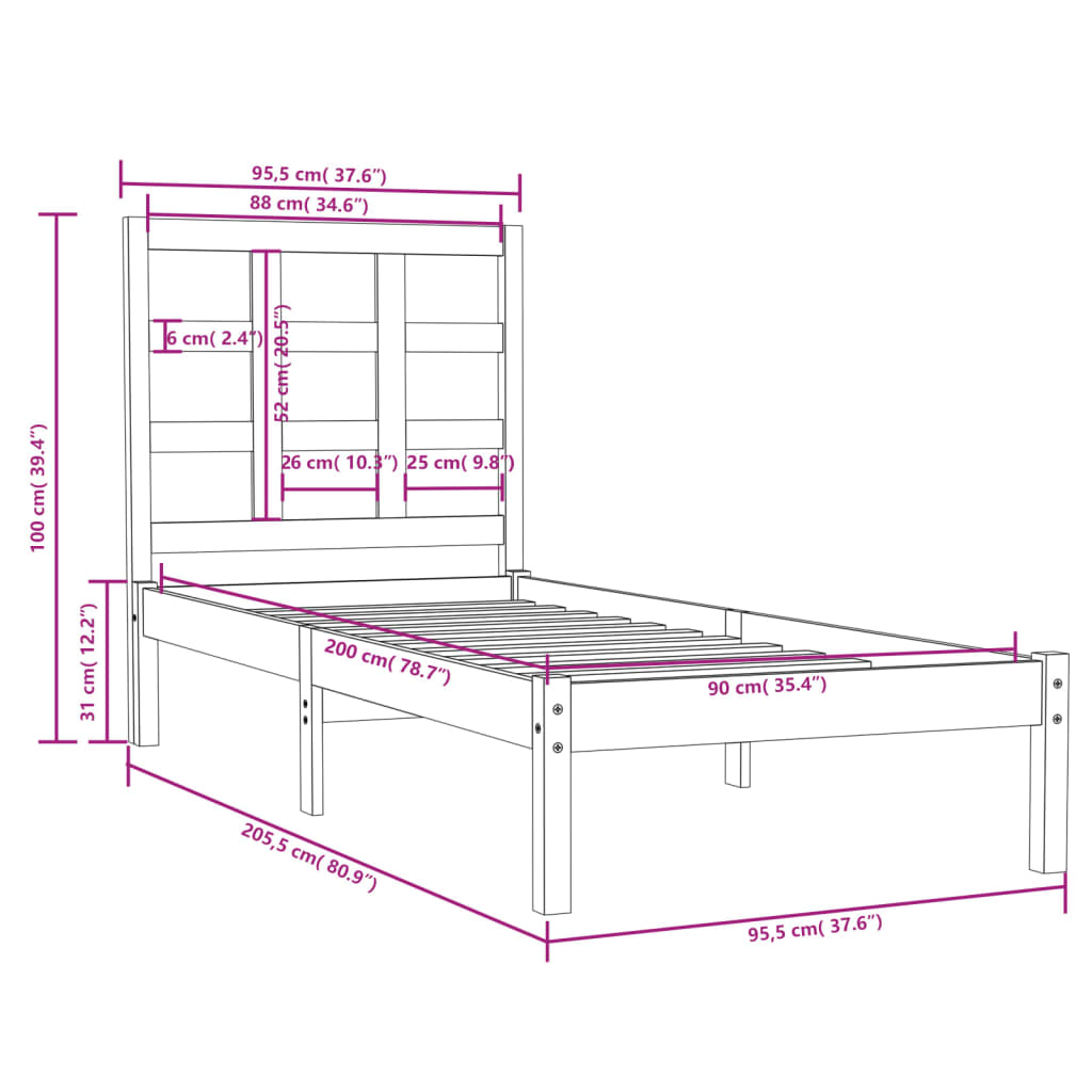 Sengeramme hvit heltre 90x200 cm