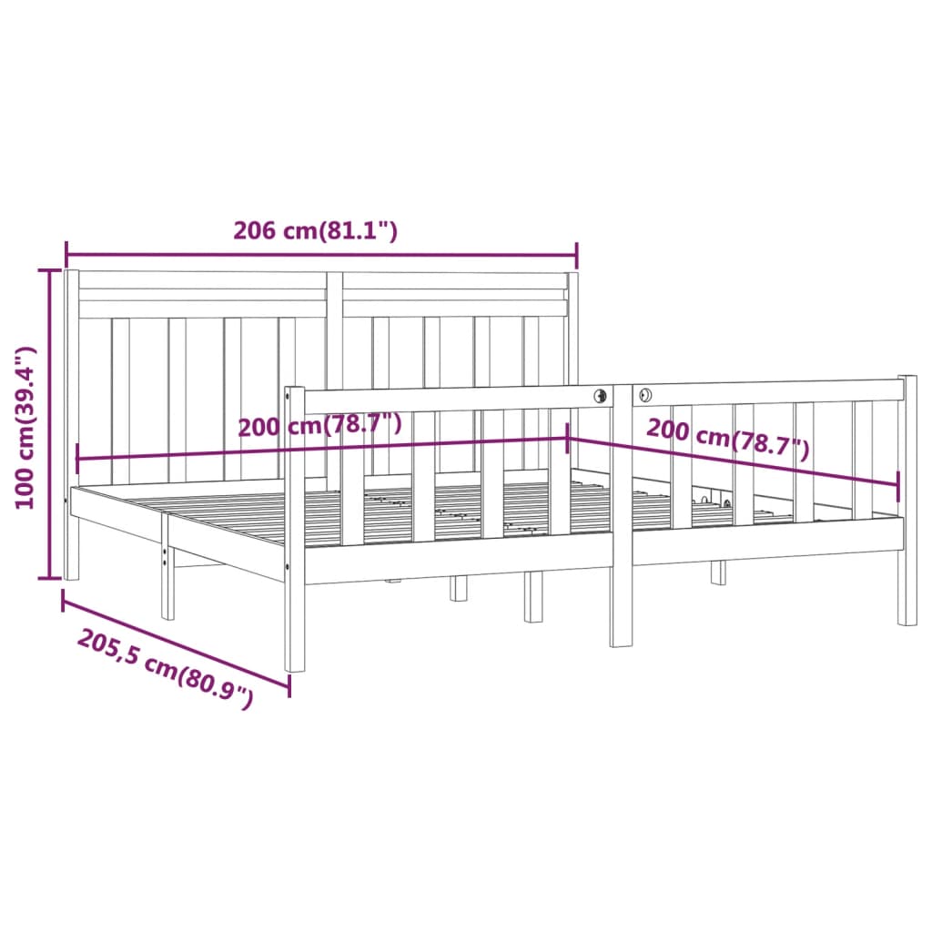 Sengeramme hvit heltre furu 200x200 cm