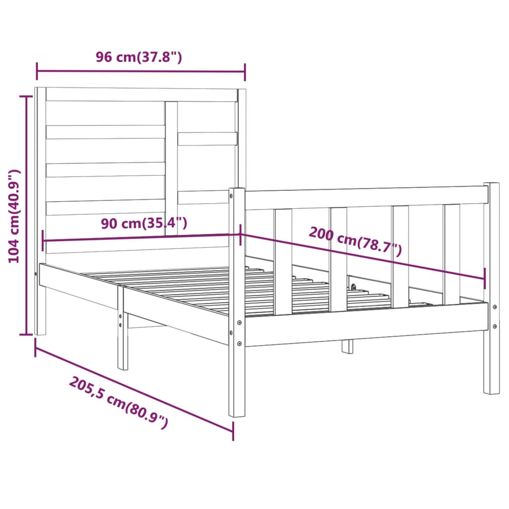 Sengeramme uten madrass hvit 90x200 cm heltre furu
