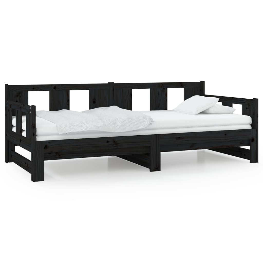 Uttrekkbar dagseng svart heltre furu 2x(90x190) cm