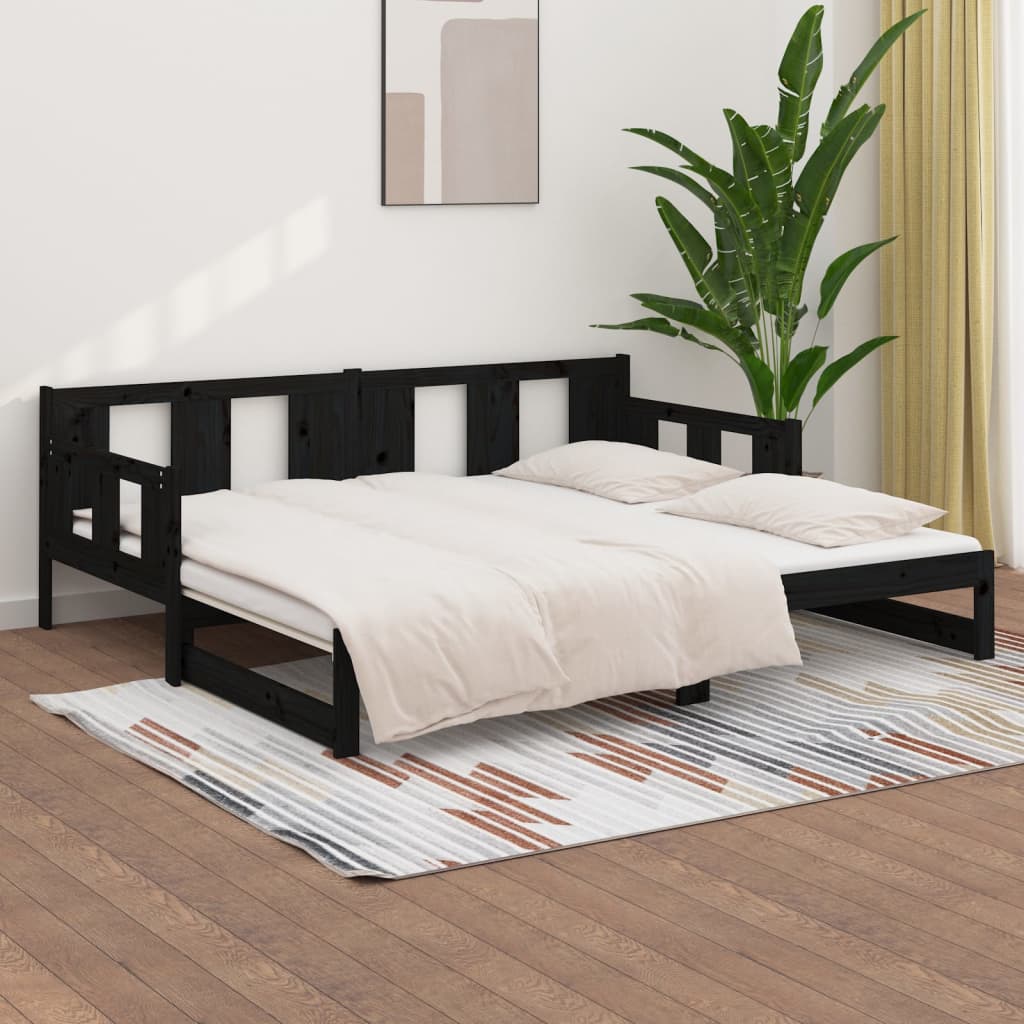Uttrekkbar dagseng svart heltre furu 2x(90x190) cm