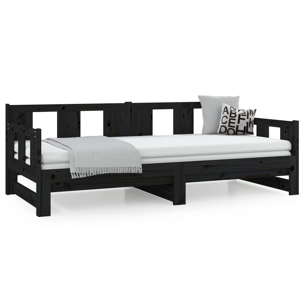 Uttrekkbar dagseng svart heltre furu 2x(90x190) cm