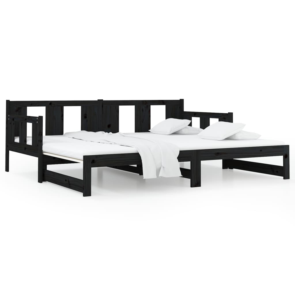 Uttrekkbar dagseng svart heltre furu 2x(90x190) cm