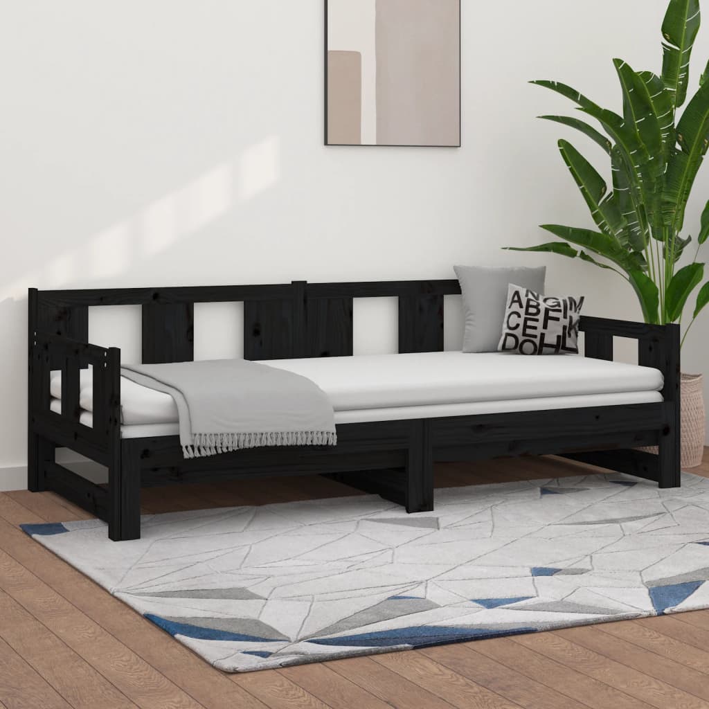 Uttrekkbar dagseng svart heltre furu 2x(90x190) cm